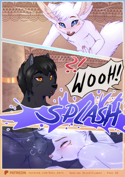 animal_genitalia anthro balls bath biped black_body black_fur blue_eyes claws dipstick_ears duo ear_markings face_in_balls face_in_crotch falling finger_claws fingerpads fully_sheathed fur genitals male male_anthro multicolored_ears nude_anthro partially_submerged pawpads pink_pawpads sheath text water white_body white_fur rukifox jarit_(rukifox) louis_(rukifox) canid canine fennec_fox fox mammal true_fox comic hi_res