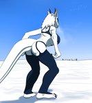 anthro big_breasts biped black_nails blue_eyes bra breasts bulge butt clothed clothing colored_nails female fur horn legwear looking_at_viewer nails outside panties sky smile snow snowing solo standing steam stockings under_boob underwear white_body white_fur white_skin winter sweetmeat mammal synx absurd_res hi_res