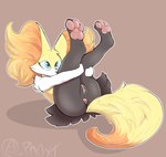 anthro anus black_body black_fur blue_eyes female fur genitals legs_up lying on_back pawpads paws pink_pawpads presenting pussy solo white_body white_fur yellow_body yellow_fur phoxtrot nintendo pokemon braixen generation_6_pokemon pokemon_(species) hi_res shaded