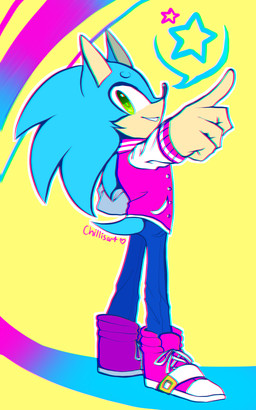 alternate_costume anthro biped blue_body blue_fur bottomwear clothing denim denim_bottomwear denim_clothing footwear fur gesture green_eyes hand_gesture jacket jeans letterman_jacket male pants pink_clothing pink_topwear pointing shoes simple_background smile solo standing star topwear yellow_background spacecolonie sega sonic_the_hedgehog_(series) sonic_the_hedgehog eulipotyphlan hedgehog mammal 2015 5:8 hi_res