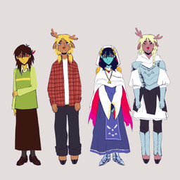 ambiguous_gender ambiguous_human anthro antlers armor barefoot biped blonde_hair blue_body blue_hair blue_skin bottomwear brown_bottomwear brown_clothing brown_footwear brown_hair brown_shoes brown_skirt buckteeth closed_smile clothed clothed_anthro clothed_human clothing delta_rune_(emblem) duo feet footwear freckled_face freckles fully_clothed fully_clothed_human fur green_clothing green_sweater green_topwear hair hand_on_arm hood hooves horn lineup mouth_closed multiple_outfits pattern_clothing pattern_topwear plaid plaid_clothing plaid_topwear red_eyes red_hair_bow red_nose robe shoes skirt smile standing sweater symbol tan_body tan_fur teeth topwear white_clothing white_topwear yellow_body yellow_skin fablivious1 deltarune undertale_(series) kris_dreemurr noelle_holiday deer human mammal new_world_deer reindeer 1:1 2025 digital_drawing_(artwork) digital_media_(artwork) english_description full-length_portrait hi_res portrait female_(lore)
