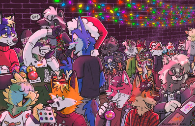 anthro antler_headband antlers bar beak bell black_hair blush brick brick_wall christmas_clothing christmas_decorations christmas_headwear christmas_lights christmas_sweater christmas_topwear clothed clothing dc_furmeet eyes_closed eyewear female flannel flapjack_bird freckled_face freckles gingerbread_man glasses group hair hat headgear headwear holiday_market holidays holly_(plant) horn inside jingle_bell male martin_the_blue_wolf mistletoe open_mouth ornament plant rear_view santa_hat scarf sweater tail topwear tuft vendor_stand wall_(structure) keenadraws christmas chamomile_(ariessilvae) keena_raccoon marks_barks milo_(mildlyrac) sai_bree american_opossum arctic_fox avian bird bovid bovine canid canine canis cattle coyote dingo domestic_dog felid fox gulonine highland_cattle husky mammal marsupial marten mustelid musteline nordic_sled_dog pantherine prehistoric_species procyonid raccoon raccoon_dog red_fox saber-toothed_tiger sable_(marten) smilodon snow_leopard spitz tanuki true_fox wolf 2025 absurd_res detailed digital_drawing_(artwork) digital_media_(artwork) hi_res