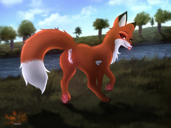 anus blep butt female feral fur genitals grass humanoid_genitalia humanoid_genitalia_on_feral humanoid_vulva humanoid_vulva_on_feral looking_at_viewer orange_body orange_fur pawpads paws plant rear_view sky solo tongue tongue_out tree vulva water white_body white_fur astralia disney the_fox_and_the_hound vixey_(tfath) canid canine fox mammal hi_res watermark
