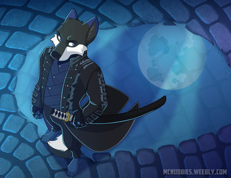 anthro black_body black_bottomwear black_clothing black_fur black_pants blue_eyes bottomwear brick_floor clothing cosplay digitigrade full_moon fur high-angle_view jacket katana looking_aside male melee_weapon moon pants puddle solo standing sword tail text topwear weapon mcnubbies capcom devil_may_cry konat vergil_(devil_may_cry) canid canine canis mammal wolf 2019 digital_media_(artwork) url