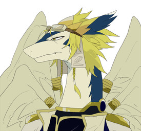 ambiguous_gender anthro blonde_hair blue_body braided_hair collar eyewear feathered_wings feathers furgonomic_piercing furgonomics goggles hair multi_wing multicolored_body piercing simple_background solo two_tone_body white_background white_body wing_piercing wings yellow_sclera sigi0406 legendz mythology shiron dragon mythological_creature mythological_scalie scalie windragon bust_portrait portrait