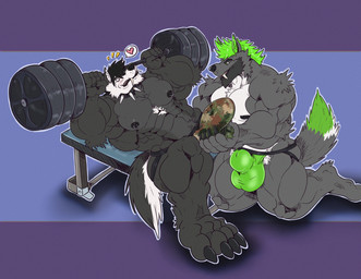 abs anthro big_bulge big_muscles body_worship bulge bulge_grab camo chest_tuft clothing collar duo exercise fangs green_hair hair heart_symbol huge_muscles hyper hyper_muscles jockstrap large_paws love male male/male muscular muscular_male nipple_piercing nipple_ring nipples piercing ring_piercing sexercise spiked_collar spikes teeth tuft underwear weight_bench weightlifting weights workout vanitydragon_(artist) vanitywuff ritzywolf slashin canid canine canis hybrid mammal wolf absurd_res hi_res
