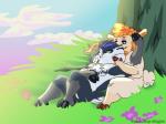 alternate_species cuddling duo flower male male/male outside plant tree dwiindovah sheep_and_wolves wizart_animation grey_(sheep_and_wolves) ike_(sheep_and_wolves) bovid caprine domestic_sheep mammal sheep 4:3