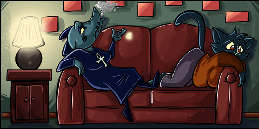 anthro black_border border bottomwear cigarette cigarette_smoke clothed clothing dress duo fangs female fur furniture holding_cigarette holding_object inside lamp lying lying_on_sofa on_sofa pants raised_tail scales shirt smoke smoke_cloud smoke_from_mouth sofa tail teeth topwear dutch_(artist) night_in_the_woods bea_santello mae_borowski alligator alligatorid crocodilian domestic_cat felid feline felis mammal reptile scalie 2025 hi_res signature