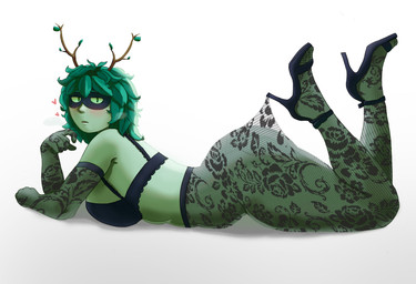 antennae_(anatomy) anthro antlers arched_back armwear belly big_breasts big_butt bra branch branch_horn breasts breath butt clothed clothing domino_mask eyemask eyewear facial_markings female fishnet_armwear fishnet_clothing fishnet_handwear fishnet_leggings fishnet_legwear flower footwear handwear head_markings heart_symbol high_heels horn huge_breasts huge_butt huge_thighs inviting inviting_to_sex inviting_viewer leaf leaf_hair leggings legwear lingerie lying markings mask mask_(marking) mostly_nude no_underwear on_front overweight panting plant plant_hair plant_horn pose pseudo_hair pseudo_horn rose_(flower) shoes solo thick_thighs underwear desttar adventure_time cartoon_network fionna_and_cake hooked_on_heel_(trend) huntress_wizard elemental_creature elemental_humanoid flora_fauna human humanoid mammal plant_humanoid absurd_res hi_res pinup