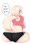 anthro areola areola_slip big_breasts big_butt bottomwear breasts butt clothing cropped_hoodie dialogue dolphin_shorts female hair heart_eyes heart_symbol hotpants huge_breasts long_ears rear_view shorts simple_background sitting solo speech_bubble text tongue tongue_out white_background white_hair lowfat canid canine canis domestic_dog mammal hi_res korean_text translated