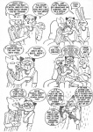 anthro canid canine cheetah cigarette comic dialogue english_text felid feline fox group hug humor lagomorph leporid male mammal monochrome profanity rabbit rayfkm spit-take stated_homosexuality stated_sexuality text