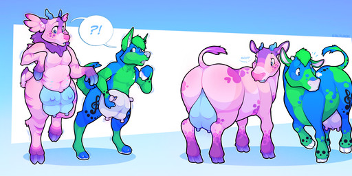 anthro anthro_to_feral before_and_after blue_body breasts butt duo duo_transformation female feral gender_transformation green_body growth hooves horn loss_of_dexterity male mid_transformation mtf_transformation nipples pink_body question_mark species_transformation speech_bubble surprised teat_growth teats transformation transformation_sequence udder_growth udders bluelemonshibe jayjay_idingo bovid bovine canid canine canis cattle dingo mammal hi_res