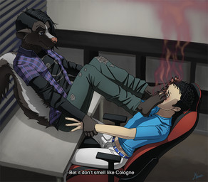 anthro black_body black_fur black_hair bottomwear bulge chair clothing detailed_background dirty dirty_feet dominant dominant_anthro dominant_male duo erection erection_under_clothing feet foot_fetish foot_on_face foot_sniffing forced forced_sniffing fur furniture hair human_on_anthro humanoid_feet interspecies male male/male male_on_human male_on_top on_top pants pawpads plantigrade shirt sitting smelly smelly_feet sniffing stink_fumes stink_lines submissive submissive_human submissive_male table tenting topwear wrist_grab alakser andy_(alakser) human mammal mephitid skunk