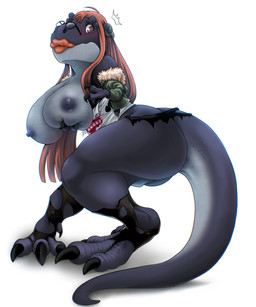 after_transformation alternate_species anthro big_breasts breasts brown_hair claws clothing electronics eyewear female glasses hair hand_on_breast headphones jacket lips looking_aside nipples shirt simple_background solo standing surprised tail thick_lips topwear torn_clothing white_background jitenshasw atlus megami_tensei persona_(series) persona_5 sega futaba_sakura dinosaur prehistoric_species reptile saurischian scalie theropod tyrannosaurid tyrannosauroid tyrannosaurus tyrannosaurus_rex 2026 absurd_res digital_media_(artwork) hi_res