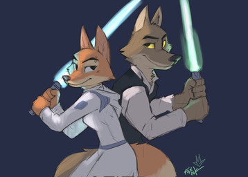 anthro blue_lightsaber boyfriend/girlfriend canon_couple cosplay duo eyebrow_piercing facial_piercing female green_lightsaber holding_lightsaber lightsaber male male/female melee_weapon piercing weapon foxink dreamworks star_wars the_bad_guys diane_foxington mr._wolf_(the_bad_guys) canid canine canis fox mammal wolf hi_res