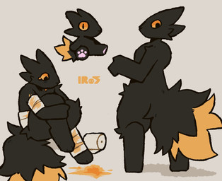 3_toes ambiguous_gender anthro arm_tuft bandage bandaged_arm bandaged_leg bandages_only belly_tuft big_ears big_eyes big_tail biped black_body black_eyes black_fur black_nose blood bodily_fluids cheek_tuft colored_blood digitigrade dipstick_tail facial_tuft feet fluffy fluffy_tail fur looking_at_viewer looking_back markings mostly_nude nude nude_anthro orange_blood orange_body orange_fur orange_sclera orange_tail_tip orange_tears orange_tongue pain pawpads pink_paws plushie pupils raised_leg rear_view shadow shoulder_tuft side_view slightly_chubby slightly_chubby_anthro slit_pupils snout solo standing tail tail_markings tears_of_pain text thick_thighs toes tongue tongue_out tuft unusual_blood unusual_bodily_fluids white_bandages wound_on_arm wound_on_leg wounded ir0sucks casualties:_unknown canid canine expie_(gunsawian) fox gunsawian hybrid mammal murid murine rat rodent 2026 artist_name colored digital_drawing_(artwork) digital_media_(artwork) watermark