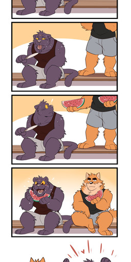3_toes 4_fingers 5_fingers annoyed anthro barazoku biped blush bodily_fluids bottomwear clothing countershading duo eating feet fingers food fruit fur happy heart_symbol male melon muscular muscular_male open_mouth plant red_eyes scar shirt shorts sitting standing sweat tank_top toes tongue tongue_out topwear watermelon yellow_sclera takemoto_arashi otake ray_(takemoto_arashi) canid canine canis domestic_dog felid mammal pantherine 2020 absurd_res hi_res