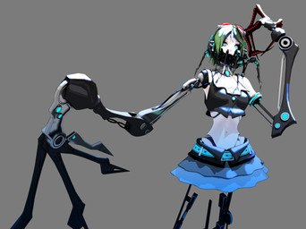 3_fingers belt blade_arm blue_eyes bottomwear claws clothing crop_top electronics eyewear eyewear_on_head female fingers goggles goggles_on_head green_hair grey_background hair headphones heterochromia long_fingers machine mechanical_arm mechanical_leg midriff not_furry_focus shirt short_hair simple_background skirt solo topwear deino_(artist) vocaloid calne_ca megpoid_gumi arthropod crustacean humanoid isopod malacostracan robot robot_humanoid 2012 3d_(artwork) autodesk_3ds_max_(artwork) cool_colors digital_media_(artwork)