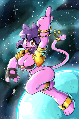 3_toes 4_fingers accessory anklet anthro barefoot belt big_breasts bracelet breasts cleavage clothed clothing collar cute_fangs fangs feet female fingerless_gloves fingers fur furgonomics gesture gloves hair hand_gesture handwear jewelry midriff open_mouth open_smile pink_body pink_fur pointing pose purple_hair red_eyes ring short_hair sky smile solo star starry_sky tail tail_accessory tail_jewelry tail_ring teeth thong three-quarter_view toes topwear underwear vest anaugi penny_(anaugi) domestic_cat felid feline felis mammal 2022 absurd_res digital_media_(artwork) full-length_portrait hi_res portrait signature