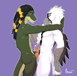 anthro anthro_on_anthro bodily_fluids countershading cum dreadlocks duo frottage genital_fluids genitals handjob handjob_frottage humanoid_genitalia humanoid_penis interspecies kabedon male male/male masturbation nude open_mouth penile penile_masturbation penis penises_touching sex simple_background smile standing anixis conditional_dnp ikshun irelius accipitrid accipitriform avian bearded_vulture bird lizard old_world_vulture reptile scalie vulture 2017 digital_media_(artwork) shaded