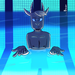 anthro body_hair chest_hair dark_lighting facial_hair goatee hands_open looking_at_viewer male smile solo swimming_pool water love_warden cartoon_network i'll_teach_you_everything_(chainsaw_man) regular_show thomas_(regular_show) bovid caprine goat mammal 1:1 hi_res