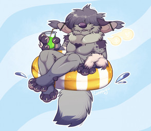 anthro beverage chibi container cup disposable_cup ear_piercing fangs fluffy fur grey_body grey_fur hair hair_over_eyes holding_object lemonade life_ring male neck_tuft pecs piercing round_nose smile solo swim_ring tail teeth tuft conhugo chimera hi_res