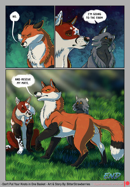 ambiguous_gender animal_genitalia balls black_body black_fur dialogue eyes_closed feral fully_sheathed fur genitals grass group looking_back male orange_body orange_fur outside plant scratching sheath spots text trio white_spots bitterstrawberries jacket_(bitterstrawberries) shawl_(bitterstrawberries) tanner_(bitterstrawberries) canid canine fox mammal comic end_page english_text hi_res male_(lore)