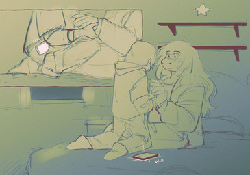 ambiguous_gender anthro bedroom cellphone claws clothed clothing crossed_arms duo electronics eyes_closed female hair hand_holding hanging_out hoodie inside kneeling long_hair phone phone_call red_eyes scales sharp_teeth shelf smartphone sound_effects speech_bubble star teeth text text_box topwear thelostmoongazer deltarune mythology undertale_(series) kris_dreemurr susie_(deltarune) dragon human mammal monster mythological_creature mythological_scalie scalie comic english_text