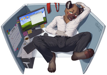 anthro blush bottomwear brown_body brown_fur calendar clothing coffee_cup computer container cup electronics fur furniture green_eyes july_(month) keyboard looking_at_viewer lying male markings monitor mousepad necktie on_back on_table pants paws red_necktie solo spots spotted_body spotted_fur table husdingo aggretsuko sanrio haida_(aggretsuko) hyena mammal spotted_hyena 2022 hi_res