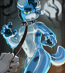 4_fingers anthro collar detailed_background duo ear_piercing fingers leash leashed_collar male moon navel nude piercing question_mark reflective_body rib_cage spiked_collar spikes tail translucent translucent_body ankorthewolf ankor_(ankorthehyena) bat goo_creature hybrid hyena mammal absurd_res hi_res signature
