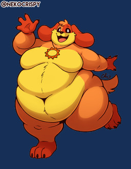 3_toes 4_fingers anthro belly belly_hair belly_overhang belly_rolls big_belly black_fingernails black_nails black_nose black_sclera body_hair casual_nudity colored_nails deep_navel eyebrows featureless_chest feet fingernails fingers floppy_ears front_view fur gesture happy happy_trail huge_belly huge_thighs jewelry looking_at_viewer love_handles male moobs morbidly_obese morbidly_obese_anthro morbidly_obese_male multicolored_body multicolored_fur nails navel necklace necklace_only nude obese obese_anthro obese_male on_one_leg open_mouth open_smile orange_body orange_fur overweight overweight_anthro overweight_male paws pink_tongue simple_background smile snout solo standing tail text thick_thighs three-quarter_view toes tongue transparent_background two_tone_body two_tone_fur waving waving_at_viewer white_eyes wide_hips yellow_body yellow_fur nekocrispy mob_entertainment poppy_playtime smiling_critters dogday_(poppy_playtime) canid canine canis critters_(poppy_playtime) domestic_dog mammal 2026 alpha_channel artist_name cel_shading digital_media_(artwork) hi_res shaded signature