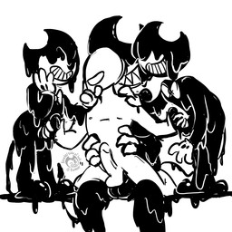 anal anal_penetration balls balls_deep black_body black_goo bow_(feature) bow_tie chair_position clone clothing double_handjob dripping fleischer_style_toon foursome from_behind_position genitals gloves grin group group_sex hand_on_face handjob handwear hip_grab human_on_humanoid humanoid_genitalia humanoid_penis interspecies looking_pleasured male male/male not_furry open_mouth penetration penile penis sex sharp_teeth sitting size_difference smile standing teeth toony lewdersideofhell bendy_and_the_ink_machine anon bendy_the_dancing_demon ink_bendy demon goo_creature goo_humanoid human humanoid mammal 1:1 black_and_white digital_drawing_(artwork) digital_media_(artwork) monochrome signature watermark