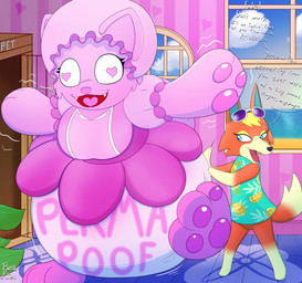 aloha_shirt ambiguous_gender anthro bdsm blonde_hair bonnet bottomwear clothing diaper diapersuit dominant dominant_female duo eyewear eyewear_on_head female femboy feminization fur fur_tuft hair headgear headwear heart_eyes heart_symbol huge_plushie intelligence_loss kennel mmf one_leg_up open_mouth orange_body orange_fur pattern_clothing pattern_shirt pattern_topwear pawpads petplay plant plushification plushsuit raised_leg roleplay sea shirt skirt sky snout speech_bubble sunglasses sunglasses_on_head text text_on_diaper topwear tuft water window burritokitten animal_crossing nintendo audie_(animal_crossing) villager_(animal_crossing) canid canine fox human mammal hi_res