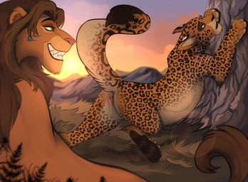 against_surface against_wall aroused bedroom_eyes butt duo feet female feral genitals male male/female narrowed_eyes needy outside paws presenting presenting_hindquarters presenting_vulva quadruped raised_tail seductive smile sunset tail vulva bessona kia_wolfszahn tellico_(character) felid leopard lion mammal pantherine