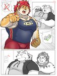 anthro bodily_fluids bottomwear clothing crying duo eyes_closed food hoodie humanoid_hands kemono male muscular muscular_male overweight overweight_male shirt shorts tears topwear aretna lifewonders tokyo_afterschool_summoners behemoth_(tas) nomad_(tas) felid mammal pantherine tiger 2021 absurd_res comic hi_res