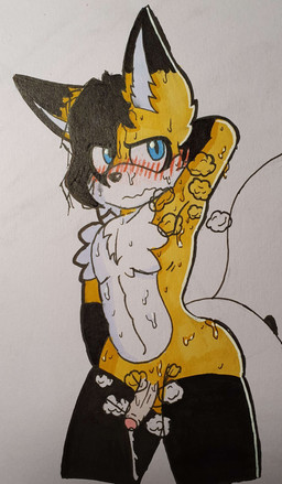 anthro armwear balls blush bodily_fluids clothing dripping elbow_gloves embarrassed femboy furrowed_eyebrows genital_fluids genitals gloves hair hand_behind_head handwear legwear male messy_hair multicolored_penis musk musky_armpit musky_penis penis precum precum_drip small_balls small_penis solo stockings sweat sweatdrop two_tone_penis justsomeidiotonline archie_comics sega sonic_the_hedgehog_(archie) sonic_the_hedgehog_(comics) sonic_the_hedgehog_(series) miles_prower_(anti-tails) canid canine fox mammal red_fox true_fox absurd_res hi_res