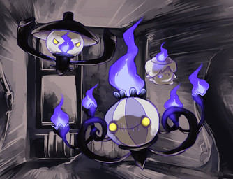 ambiguous_gender candle detailed_background fire group lamp lantern shadow toony th07 nintendo pokemon chandelure generation_5_pokemon lampent litwick pokemon_(species) detailed digital_media_(artwork) digital_painting_(artwork) painting_(artwork) restricted_palette