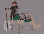 armor ear_piercing ear_ring female human_torso muscular muscular_female piercing ring_piercing solo taurified warrior weapon wrappings wmdiscovery93 nielo_(gamal) cougar felid feline hybrid mammal taur hi_res