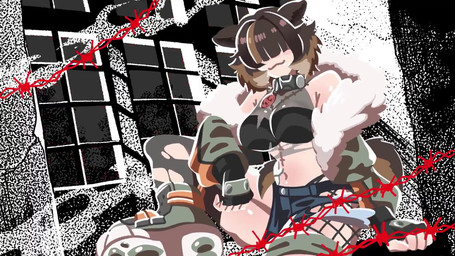 :3 autopsy_scar bottomwear breasts brown_hair cleavage clothed clothing collar crop_top denim denim_bottomwear denim_clothing denim_shorts electricity female fingerless_gloves fishnet_clothing fishnet_legwear footwear glistening glistening_breasts glistening_thighs gloves hair hair_over_eye handwear legwear lightning navel puffy_jacket shirt shoes shorts sneakers solo tail thick_thighs topwear torn_clothing translucent translucent_clothing window lp8000mao animal_humanoid canid canid_humanoid canine canine_humanoid dog_humanoid humanoid mammal mammal_humanoid animated short_playtime video