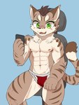 abs anthro bulge cellphone clothed clothing electronics male muscular muscular_young pecs phone shota solo topless young young_anthro young_male nyuru nekojishi studio_klondike shu-chi felid feline leopard_cat mammal prionailurus 3:4 hi_res