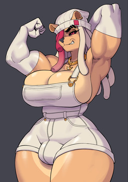 anthro armwear beanie big_breasts blonde_hair breasts bulge chain chain_necklace clothing dark_sclera dreadlocks ear_piercing ear_ring ears_through_headwear elbow_gloves eyebrow_piercing eyebrows eyelashes eyeshadow facial_piercing flexing flexing_bicep fur gloves golden_fangs gynomorph hair hair_over_eye hand_behind_head handwear hat headgear headwear intersex jewelry makeup muscular muscular_arms muscular_gynomorph muscular_intersex necklace overalls piercing pink_eyes pink_hair ring_piercing solo tan_body tan_fur thick_eyebrows thick_thighs white_beanie white_clothing white_gloves white_handwear white_hat white_headwear wide_hips mrcrazyp3 wolfreda_(wolfgangxo) felid lion mammal pantherine hi_res gynomorph_(lore) nonbinary_(lore)