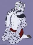 5_fingers 5_toes anthro biped clothed clothing digitigrade feet femboy fingers fur hair humanoid_hands kneeling male markings navel nom pawpads simple_background solo spots spotted_body spotted_fur tail_nom toes topless curiodraco mars_(thequeenofmars) felid mammal pantherine snow_leopard 2014