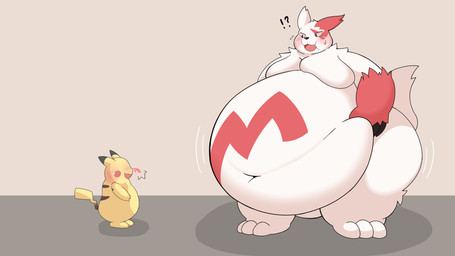 anthro aroused belly belly_expansion belly_grab big_belly blood blush bodily_fluids chubby_cheeks claws cute_fangs deep_navel duo expansion fangs fur huge_belly huge_hips huge_thighs hyper hyper_belly interrobang looking_at_another love_handles male moobs morbidly_obese morbidly_obese_anthro morbidly_obese_male multicolored_body multicolored_fur navel nosebleed nude obese obese_anthro obese_male open_mouth open_smile overweight overweight_anthro overweight_male red_body red_fur red_sclera shocked simple_background size_difference smile standing sweat sweatdrop tail tan_background teeth thick_thighs tuft two_tone_body two_tone_fur weight_gain white_body white_fur wide_hips 0907_kapi nintendo pokemon generation_1_pokemon generation_3_pokemon pikachu pokemon_(species) zangoose 16:9 2023 absurd_res digital_media_(artwork) hi_res japanese_description translated_description widescreen