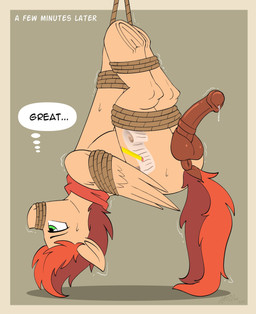 animal_genitalia animal_penis bdsm bodily_fluids bondage bound cowboy cutie_mark dialogue dripping equine_genitalia equine_penis erection feathered_wings feathers feral flared_penis gag genital_fluids genitals hair hanging_upside_down hooves lying male medial_ring on_back penis precum precum_drip quadruped restraints rope rope_bondage rope_gag simple_background solo suspension suspension_bondage tail thought_bubble underhoof upside_down wings ad_kayle hasbro my_little_pony mythology kayle_rusty_(character) equid equine mammal mythological_creature mythological_equine pegasus absurd_res hi_res