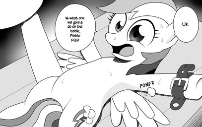 asking asking_another asking_what bdsm bondage bound cutie_mark dialogue duo feathered_wings feathers female feral hair multicolored_hair name_drop name_in_dialogue onomatopoeia open_mouth pomf question question_mark scared solo_focus sound_effects speech_bubble stuttering tail text wing_boner wings havikm66 cupcakes_(mlp_fanfic) friendship_is_magic hasbro my_little_pony mythology pomf_(meme) pinkie_pie_(mlp) rainbow_dash_(mlp) equid equine mammal mythological_creature mythological_equine pegasus english_text greyscale hi_res meme monochrome