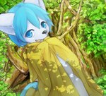 anthro black_nose blue_eyes blue_hair blue_tail bottomless clothed clothing coat cute_fangs detailed_background dutch_angle fangs glistening glistening_eyes hair holding_clothing holding_object kemono komorebi looking_at_viewer male navel navel_outline plant raincoat shota solo tail teeth topwear tree white_ears yellow_raincoat young young_anthro naegi teru_(naegi) canid canine fox mammal 2019 digital_media_(artwork) digital_painting_(artwork) hi_res shaded unavailable_at_source