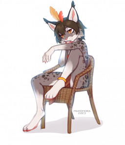 anthro biped bottomwear breasts claws clothed clothed_anthro clothed_female clothing feet female fingers front_view fully_clothed fully_clothed_anthro fully_clothed_female fur hair sitting solo spots toes topwear muhomora felid feline lynx mammal 2026 digital_drawing_(artwork) digital_media_(artwork) hi_res