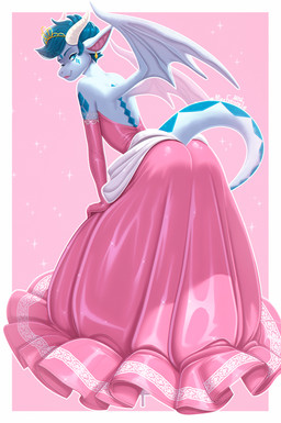 anthro armwear ball_gown blue_body blue_eyes blue_hair blue_markings blue_scales boots bottomwear butt clothed clothing crossdressing crown dress ear_piercing ear_ring elbow_gloves eyeliner femboy footwear furgonomics gloves hair handwear headgear high_heeled_boots high_heels holding_bottomwear holding_clothing holding_object holding_skirt horn jewelry lace latex latex_boots latex_clothing latex_dress latex_footwear latex_gloves latex_handwear lipstick looking_at_viewer makeup male markings mascara piercing pose presenting presenting_hindquarters princess ring_piercing royalty scales shoes simple_background skirt smile solo standing tail tiara wings max_fresnel mythology cryozen dragon mythological_creature mythological_scalie scalie hi_res watermark