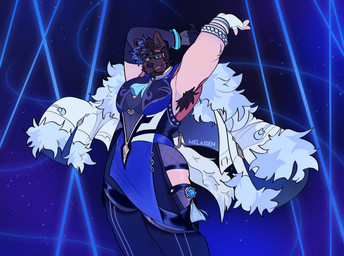 abstract_background anthro barazoku blue_clothing blue_hair blue_highlights bracelet brown_hair cape clothed clothed_anthro clothed_male clothing cosplay facial_hair fully_clothed fully_clothed_anthro fully_clothed_male fur fur_cape fur_clothing goatee hair highlights_(coloring) jewelry male male_anthro raised_arms smile solo tan_body tan_fur text melaisen genshin_impact mihoyo bau_(melaisen) yelan_(genshin_impact) akita american_akita canid canine canis domestic_dog mammal spitz 2022 absurd_res artist_name hi_res portrait three-quarter_portrait nonbinary_(lore)