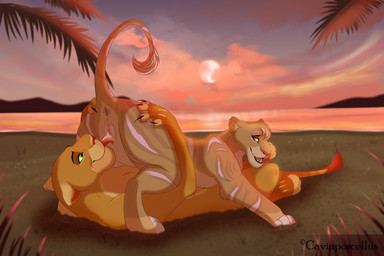 69_position animal_genitalia animal_vulva anus beach bent_legs blush bodily_fluids body_blush butt claw_marks claws cloud cunnilingus deep_cunnilingus detailed_background duo ears_back ears_down feet female female/female feral fur fur_markings genital_fluids genitals green_eyes grey_body grey_fur grey_tail hair hip_grab leaf legs_back lying lying_on_ground markings mountain multicolored_body multicolored_fur nude on_back on_ground open_mouth open_smile oral orange_body orange_fur orange_tail outside outside_sex paws penetration pink_eyes pink_nose pink_tongue pivoted_ears plant pose raised_tail sand sea seaside sex shadow sky smile star striped_body striped_fur stripes sun sunset tail tail_tuft toe_claws tongue tongue_out tongue_penetration tuft vaginal vulva vulva_blush water caviaporcellus27 disney the_lion_king fan_character kurimu felid feline lion mammal pantherine 3:2 digital_media_(artwork) hi_res pinup shaded signature widescreen